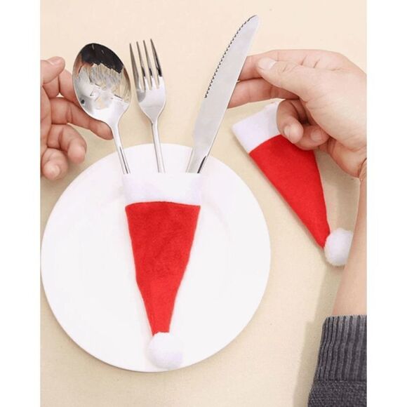 4pcs Christmas Hat Shaped Fabric Cutlery Holder, Christmas Hat Utensil Pouch - Picture 5 of 5